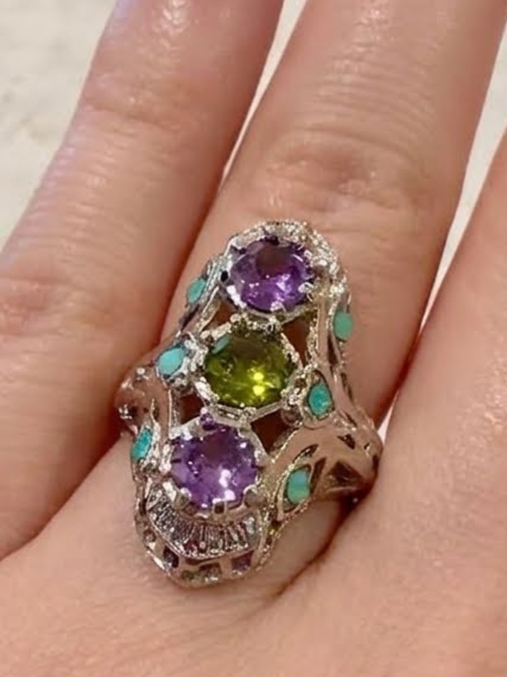 925 Sterling Silver Amethyst & Peridot Filigree Cocktail Ring size 6